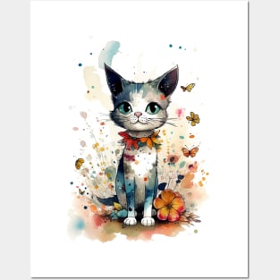 Cat with flower Posters and Art
